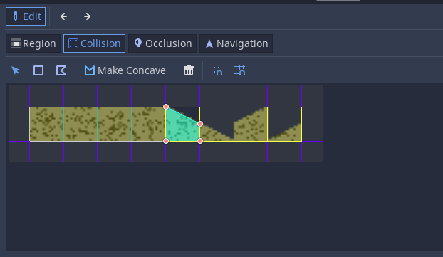 My sand tiles, showing both the tile atlas and the collision for one of my slope tiles.