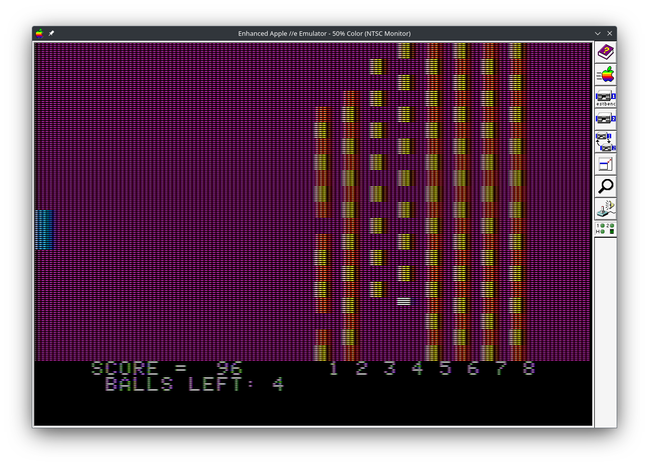 A screenshot of the Apple II emulator with a game of Breakout in progress