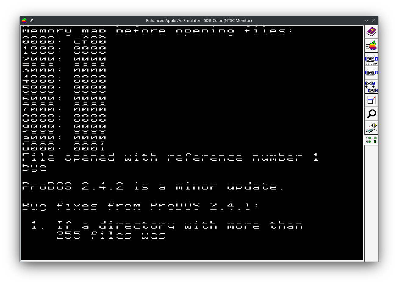 A screenshot of the Apple II emulator reading a Readme