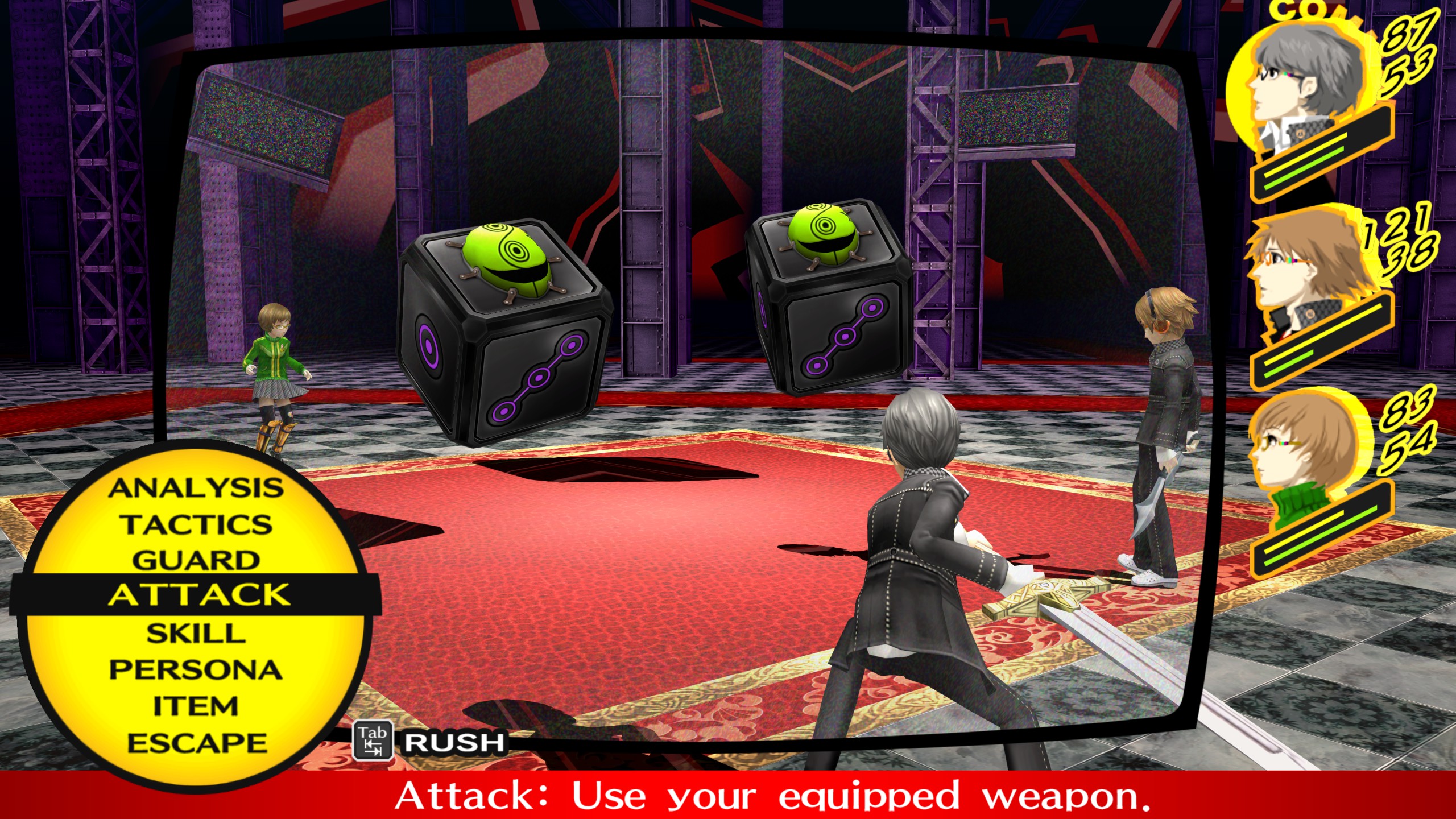 Early-game Persona 4 combat with 3 fighters